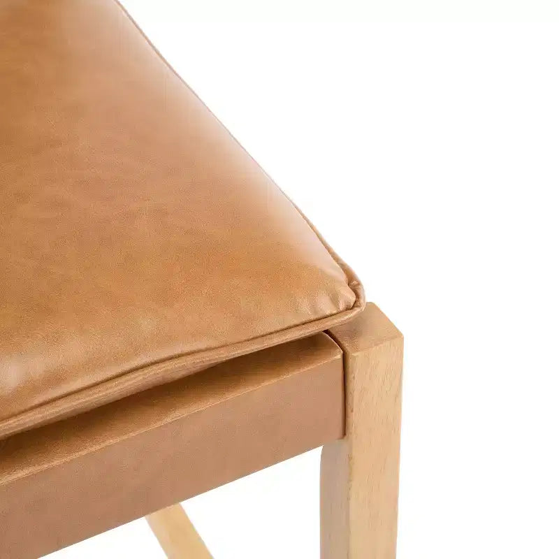 Sgabello da bar ModernLuxe in legno di gomma, 2 sedie da pranzo imbottite in PU con poggiapiedi, struttura con finitura naturale e rivestimento marrone