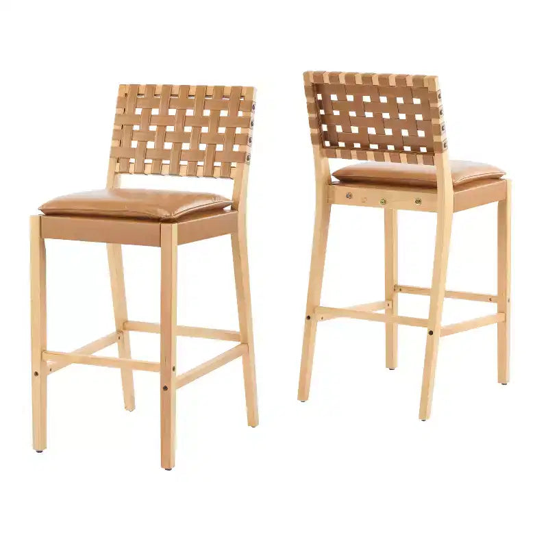 Sgabello da bar ModernLuxe in legno di gomma, 2 sedie da pranzo imbottite in PU con poggiapiedi, struttura con finitura naturale e rivestimento marrone