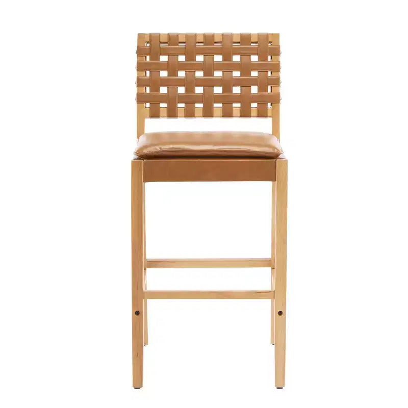 Sgabello da bar ModernLuxe in legno di gomma, 2 sedie da pranzo imbottite in PU con poggiapiedi, struttura con finitura naturale e rivestimento marrone