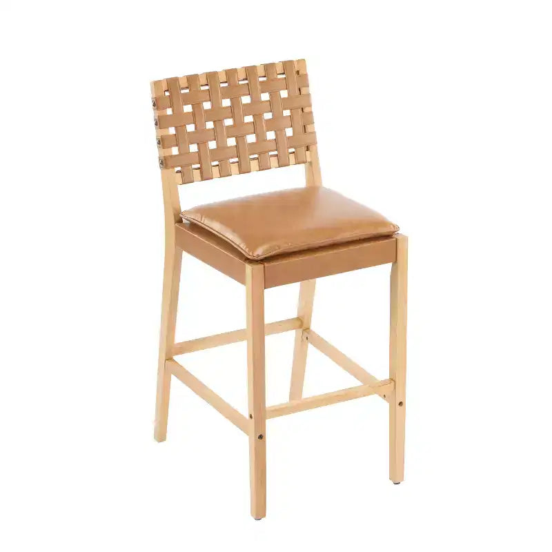 Sgabello da bar ModernLuxe in legno di gomma, 2 sedie da pranzo imbottite in PU con poggiapiedi, struttura con finitura naturale e rivestimento marrone