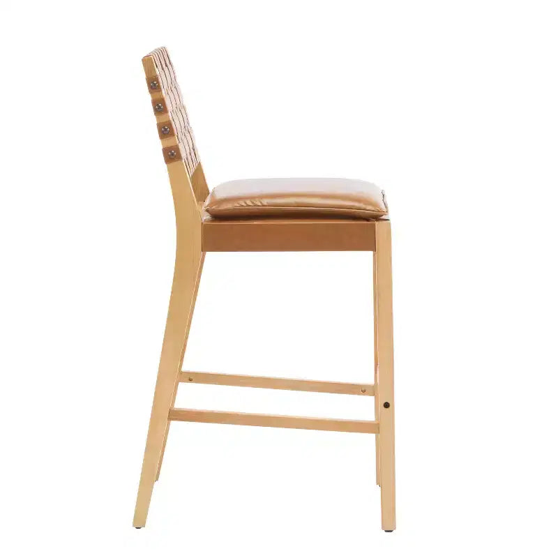 Sgabello da bar ModernLuxe in legno di gomma, 2 sedie da pranzo imbottite in PU con poggiapiedi, struttura con finitura naturale e rivestimento marrone