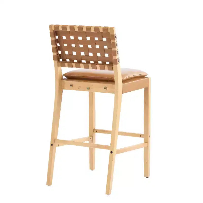 Sgabello da bar ModernLuxe in legno di gomma, 2 sedie da pranzo imbottite in PU con poggiapiedi, struttura con finitura naturale e rivestimento marrone