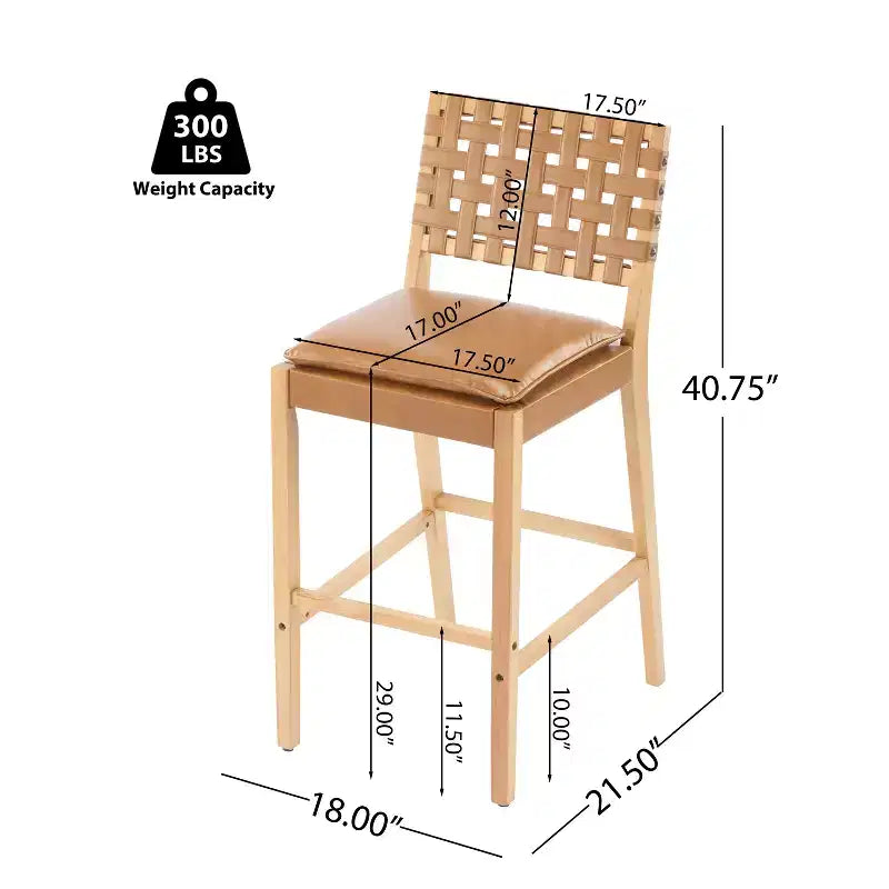 Sgabello da bar ModernLuxe in legno di gomma, 2 sedie da pranzo imbottite in PU con poggiapiedi, struttura con finitura naturale e rivestimento marrone
