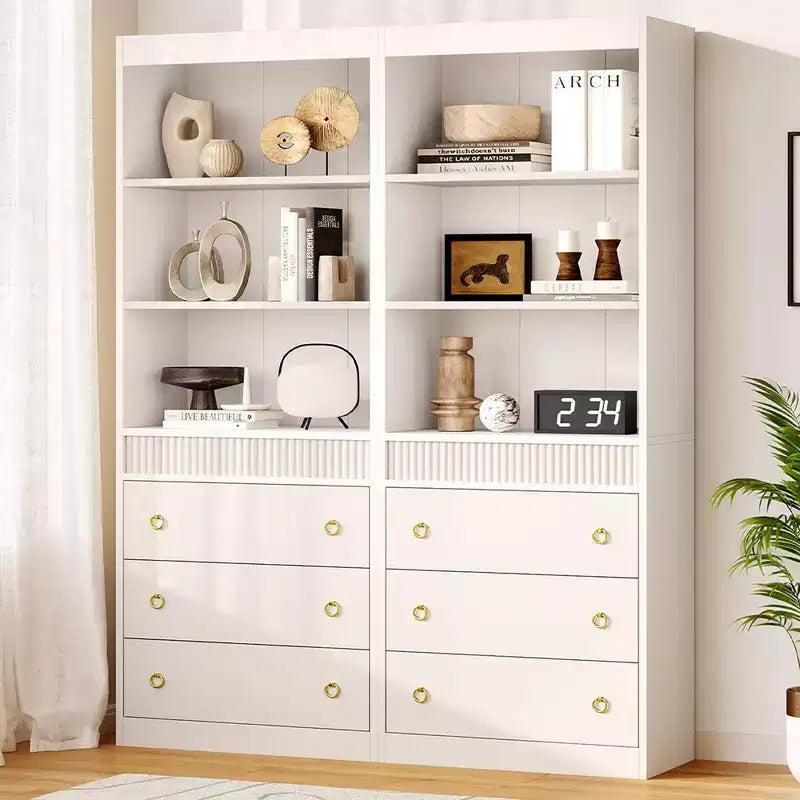 Libreria con Cassetti 70.8", Libreria con Scanalature, Libreria a 6 Livelli con Spazio Contenitore, Libreria Alta con Design Ondulato, Armadietto Contenitore con Ripiani a Giorno