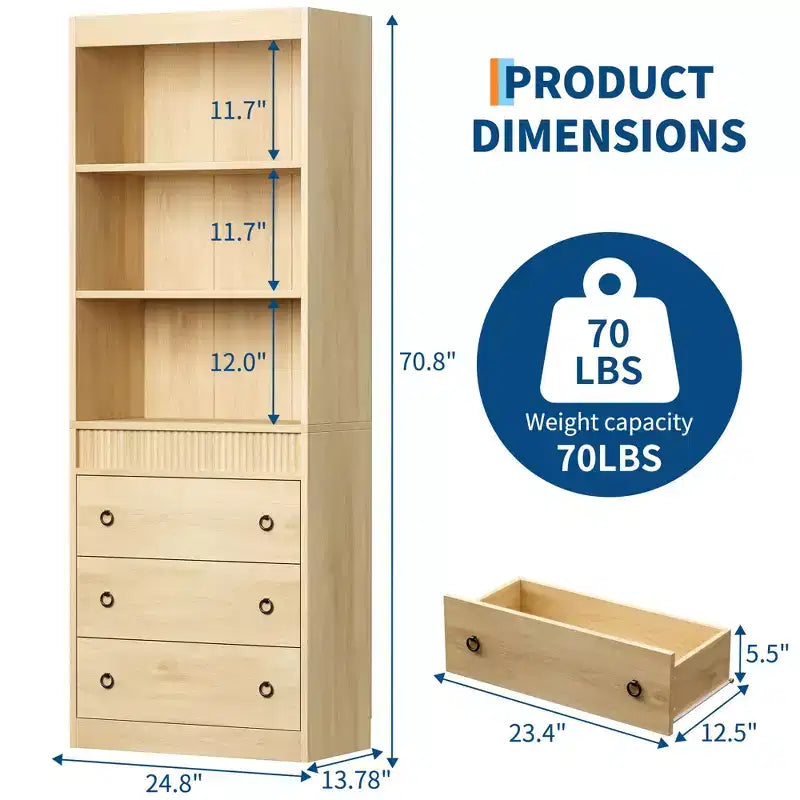 Libreria con Cassetti 70.8", Libreria con Scanalature, Libreria a 6 Livelli con Spazio Contenitore, Libreria Alta con Design Ondulato, Armadietto Contenitore con Ripiani a Giorno