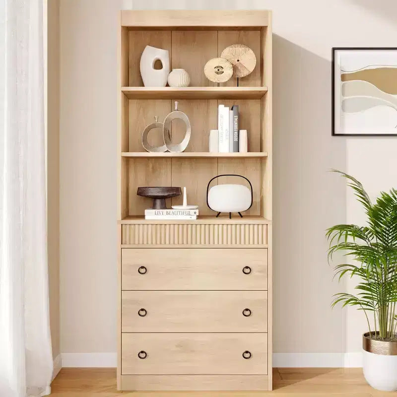 Libreria con Cassetti 70.8", Libreria con Scanalature, Libreria a 6 Livelli con Spazio Contenitore, Libreria Alta con Design Ondulato, Armadietto Contenitore con Ripiani a Giorno