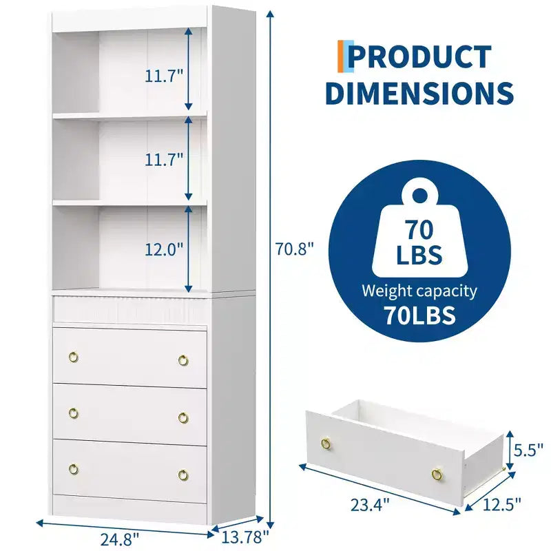 Libreria con Cassetti 70.8", Libreria con Scanalature, Libreria a 6 Livelli con Spazio Contenitore, Libreria Alta con Design Ondulato, Armadietto Contenitore con Ripiani a Giorno