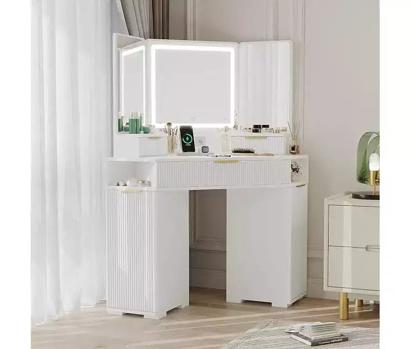 Scrivania angolare da trucco, toeletta con specchio illuminato, scrivania trucco a coste con cassetti e armadietti, tavolo da trucco angolare