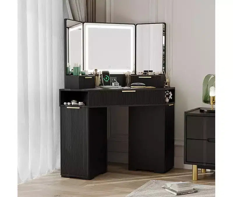 Scrivania angolare da trucco, toeletta con specchio illuminato, scrivania trucco a coste con cassetti e armadietti, tavolo da trucco angolare