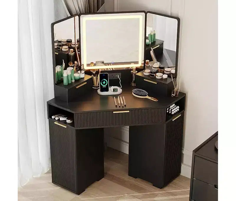 Corner Vanity Desk, Vanity Table with Lighted Mirror, Fluted Makeup Desk with Drawers and Cabinets, Corner Dressing Table