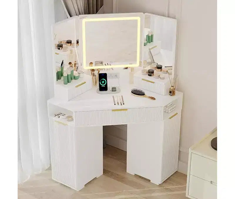 Scrivania angolare da trucco, toeletta con specchio illuminato, scrivania trucco a coste con cassetti e armadietti, tavolo da trucco angolare