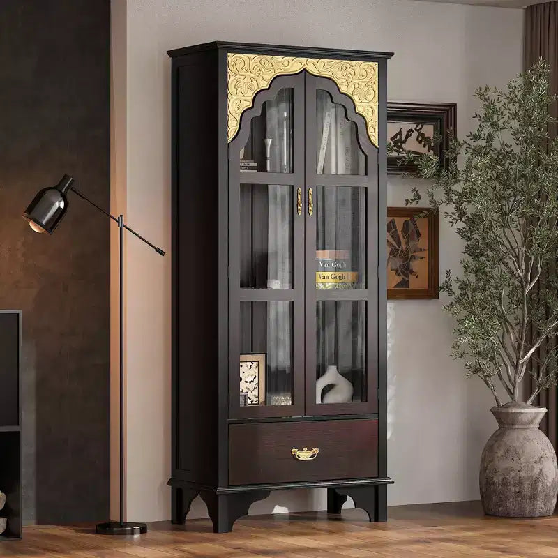 Mobile Contenitore Ornato Marrone Scuro Famapy - Vetrina con Anta in Vetro + Cassetto Inferiore
