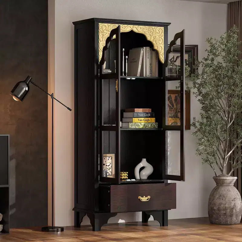Mobile Contenitore Ornato Marrone Scuro Famapy - Vetrina con Anta in Vetro + Cassetto Inferiore