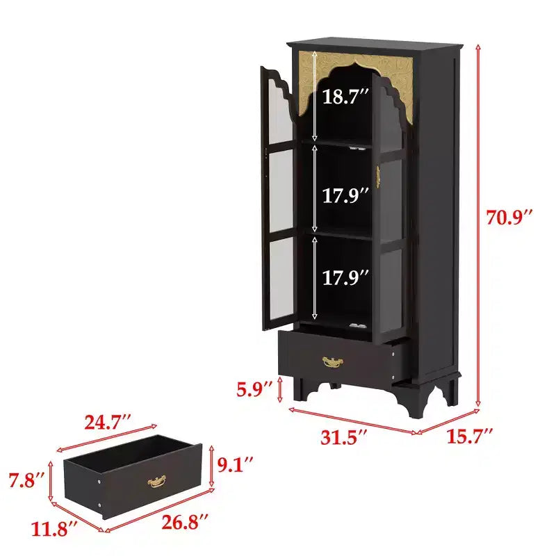 Mobile Contenitore Ornato Marrone Scuro Famapy - Vetrina con Anta in Vetro + Cassetto Inferiore