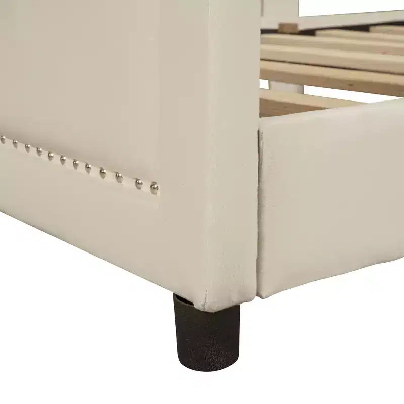Bellemave Lettino a una piazza e mezza con testiera a strisce imbottita, beige, robusta struttura in legno, design moderno ed elegante, perfetto per la camera dei bambini o degli ospiti
