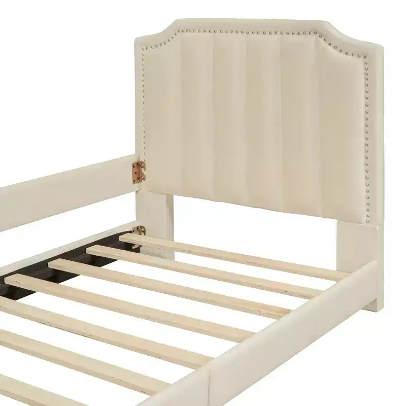 Bellemave Lettino a una piazza e mezza con testiera a strisce imbottita, beige, robusta struttura in legno, design moderno ed elegante, perfetto per la camera dei bambini o degli ospiti