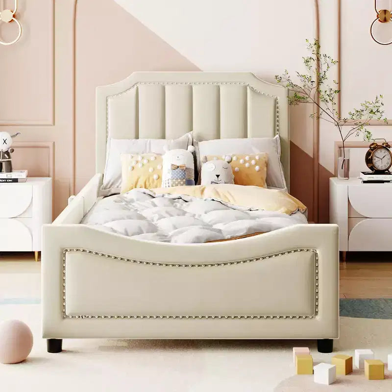 Bellemave Lettino a una piazza e mezza con testiera a strisce imbottita, beige, robusta struttura in legno, design moderno ed elegante, perfetto per la camera dei bambini o degli ospiti