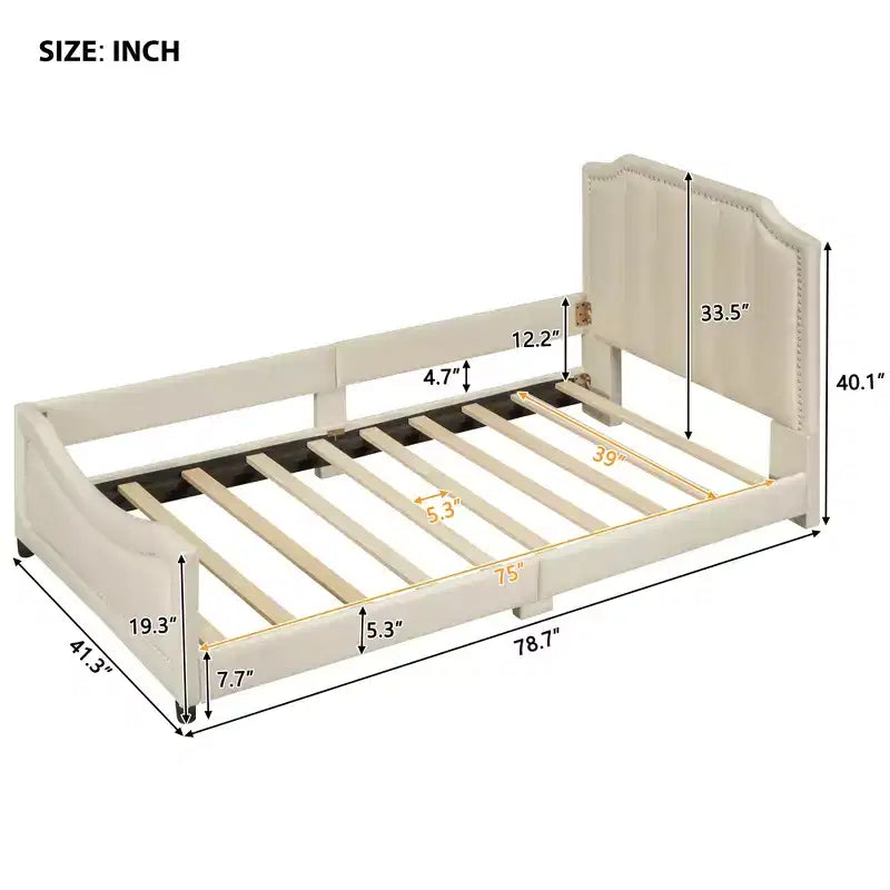 Bellemave Lettino a una piazza e mezza con testiera a strisce imbottita, beige, robusta struttura in legno, design moderno ed elegante, perfetto per la camera dei bambini o degli ospiti