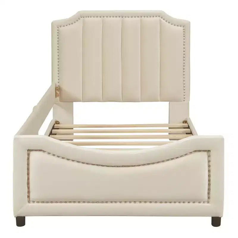 Bellemave Lettino a una piazza e mezza con testiera a strisce imbottita, beige, robusta struttura in legno, design moderno ed elegante, perfetto per la camera dei bambini o degli ospiti