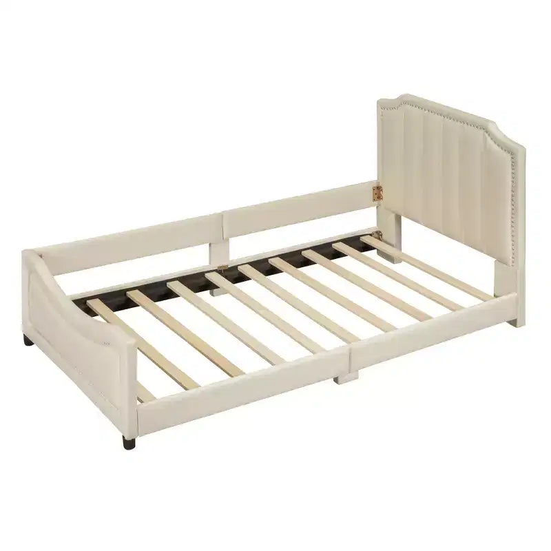 Bellemave Lettino a una piazza e mezza con testiera a strisce imbottita, beige, robusta struttura in legno, design moderno ed elegante, perfetto per la camera dei bambini o degli ospiti