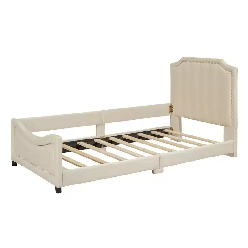 Bellemave Lettino a una piazza e mezza con testiera a strisce imbottita, beige, robusta struttura in legno, design moderno ed elegante, perfetto per la camera dei bambini o degli ospiti