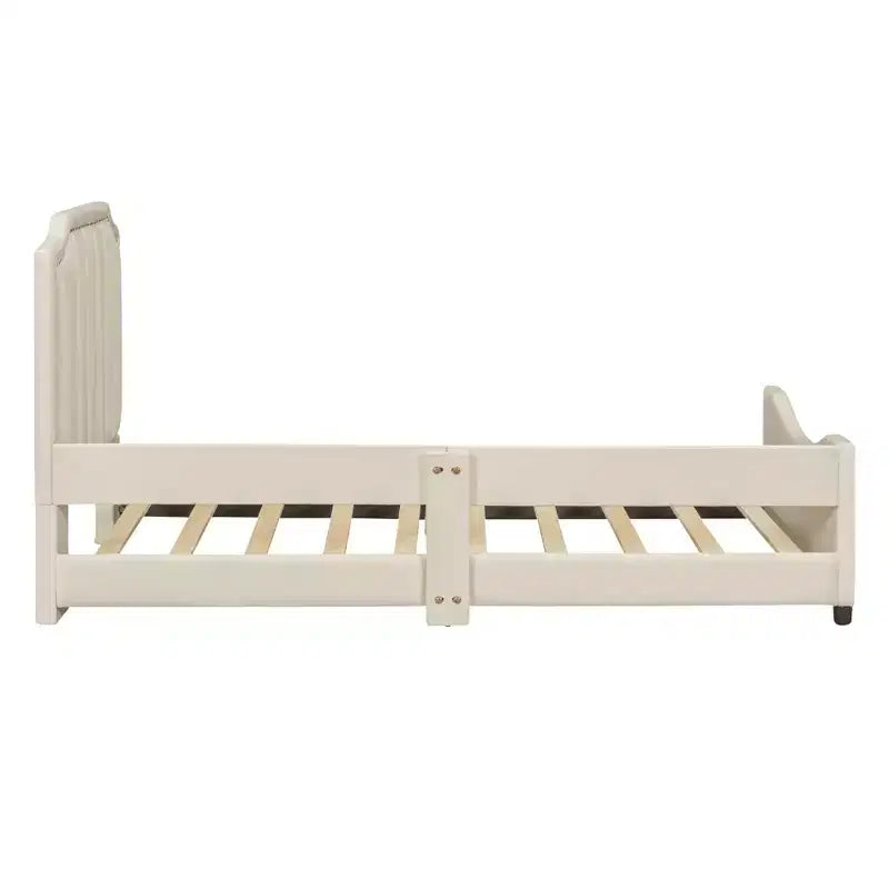 Bellemave Lettino a una piazza e mezza con testiera a strisce imbottita, beige, robusta struttura in legno, design moderno ed elegante, perfetto per la camera dei bambini o degli ospiti