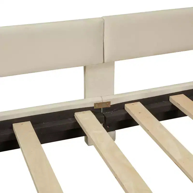 Bellemave Lettino a una piazza e mezza con testiera a strisce imbottita, beige, robusta struttura in legno, design moderno ed elegante, perfetto per la camera dei bambini o degli ospiti