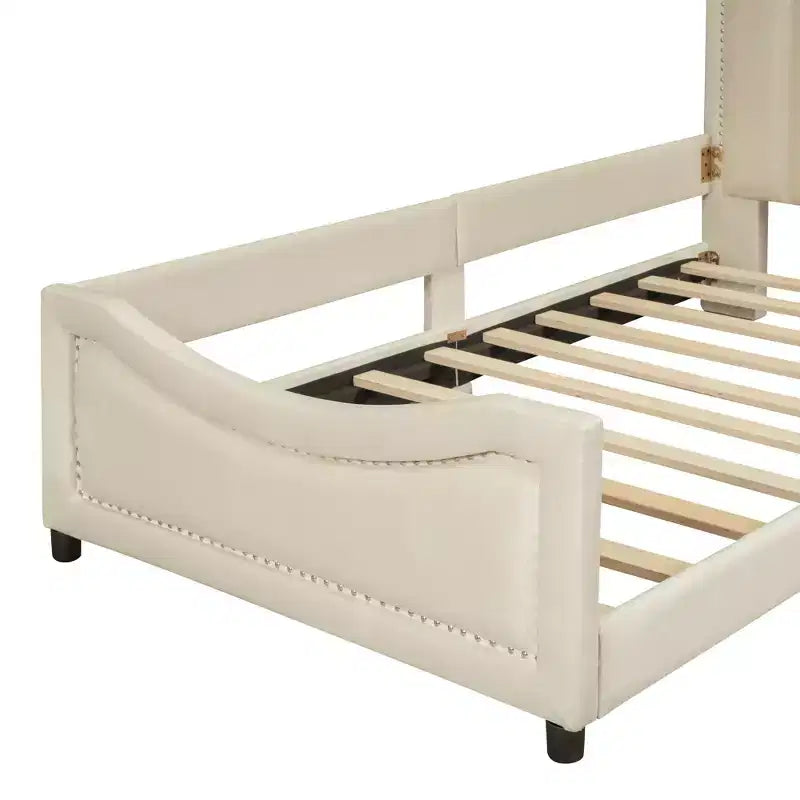 Bellemave Lettino a una piazza e mezza con testiera a strisce imbottita, beige, robusta struttura in legno, design moderno ed elegante, perfetto per la camera dei bambini o degli ospiti