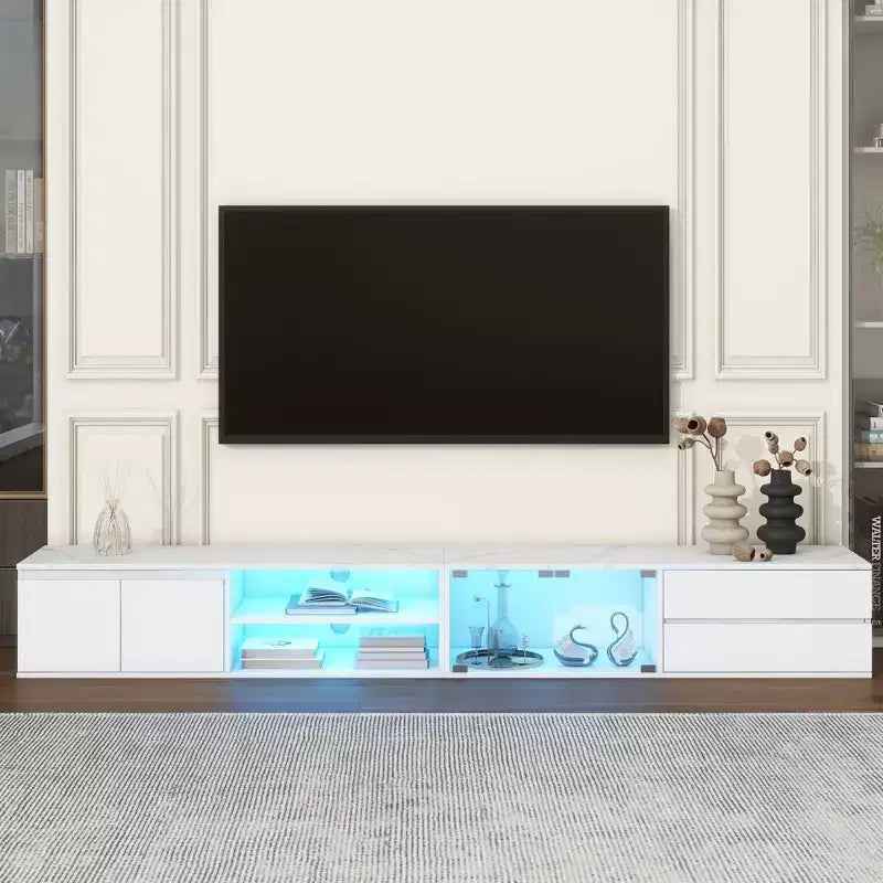 TUYOHW TV Stand with Faux Marble Tabletop for TVs up to 105 Inches,TV Media Console Table with 2 Drawers and Cabinets,White