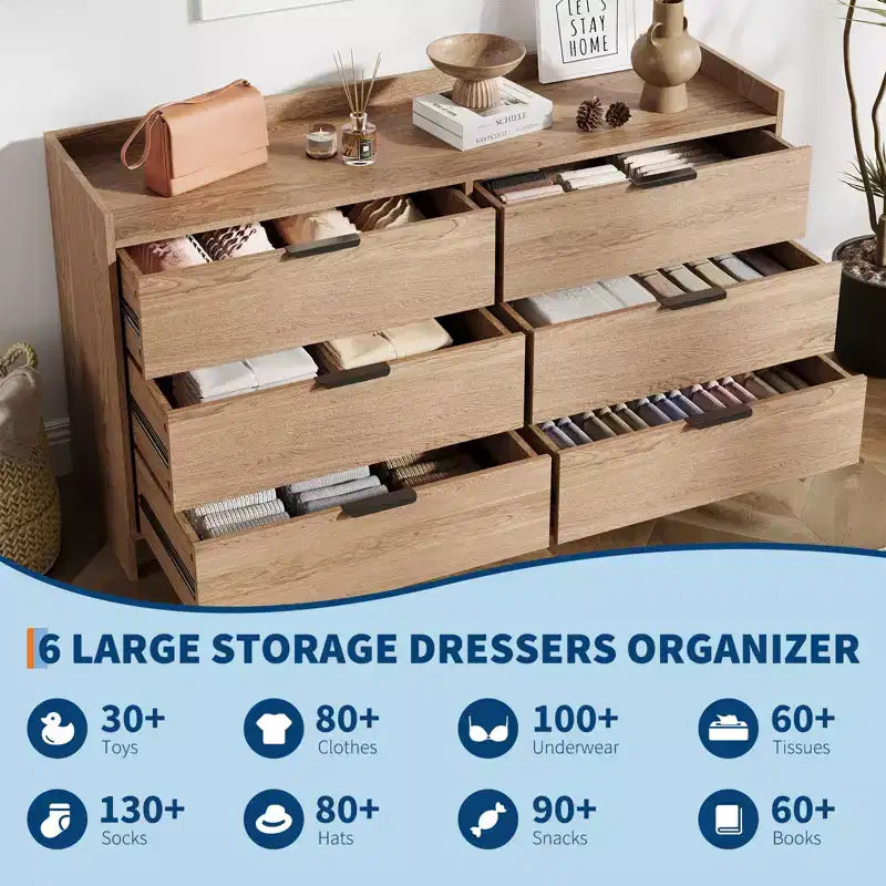 Comò a 6 cassetti per camera da letto, cassettiera in legno da 52W con maniglie in metallo, organizer per vestiti, mobile TV per corridoio, camera da letto