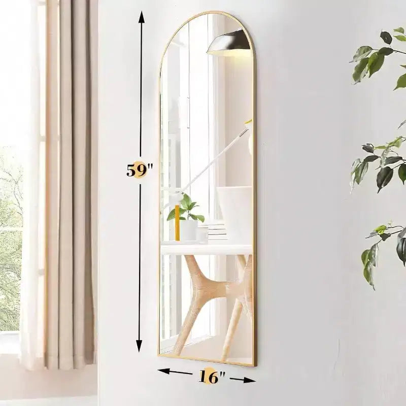 Specchio ad arco dorato 59x16 - Con supporto e cornice sottile in alluminio. Per uso a parete, da appoggio o da terra