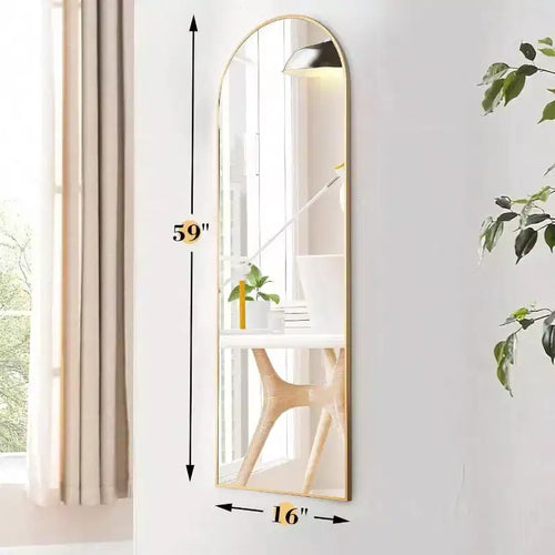 Specchio ad arco dorato 59x16 - Con supporto e cornice sottile in alluminio. Per uso a parete, da appoggio o da terra