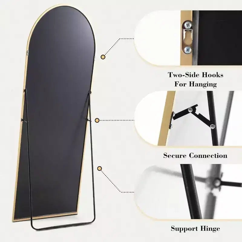 Specchio ad arco dorato 59x16 - Con supporto e cornice sottile in alluminio. Per uso a parete, da appoggio o da terra