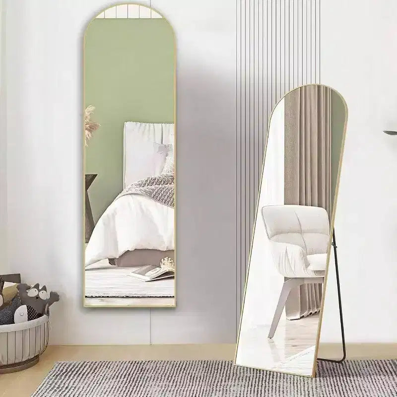 Specchio ad arco dorato 59x16 - Con supporto e cornice sottile in alluminio. Per uso a parete, da appoggio o da terra