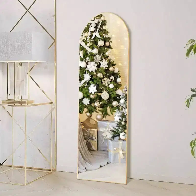 Specchio ad arco dorato 59x16 - Con supporto e cornice sottile in alluminio. Per uso a parete, da appoggio o da terra