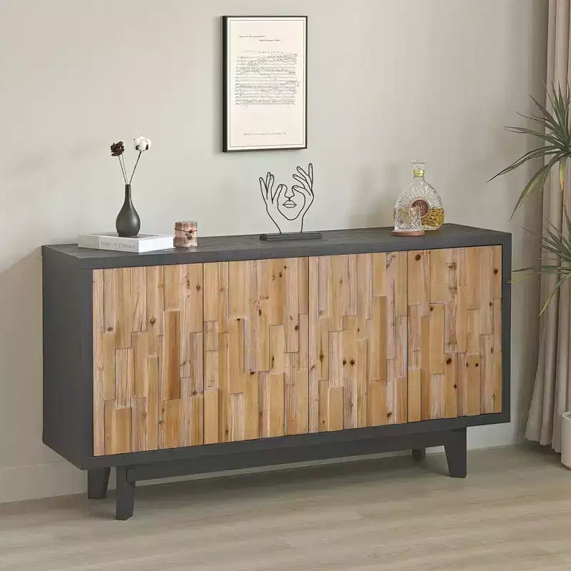 GDFStudio Pavi, mobile contenitore rustico in legno con venature geometriche, 150 cm, con 4 ante e 2 ripiani regolabili