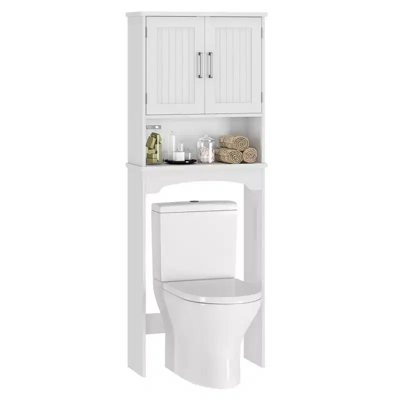 Mobiletto bianco salvaspazio da posizionare sopra il WC con due ante, dispositivo antiribaltamento e mensola aperta (organizer da bagno autoportante)