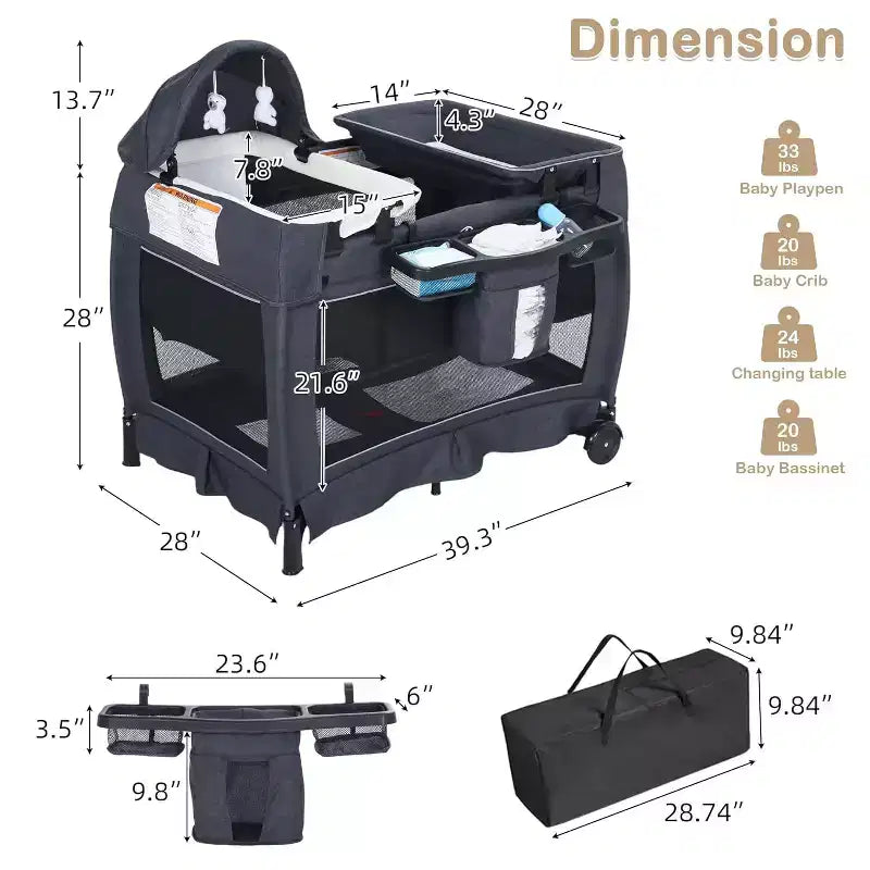 TODECARE Culla Neonato 4 in 1, Lettino da Viaggio, Lettino Co-Sleeping Trasformabile, Fasciatoio, Culla Portatile Pieghevole con Materasso e Zanzariera