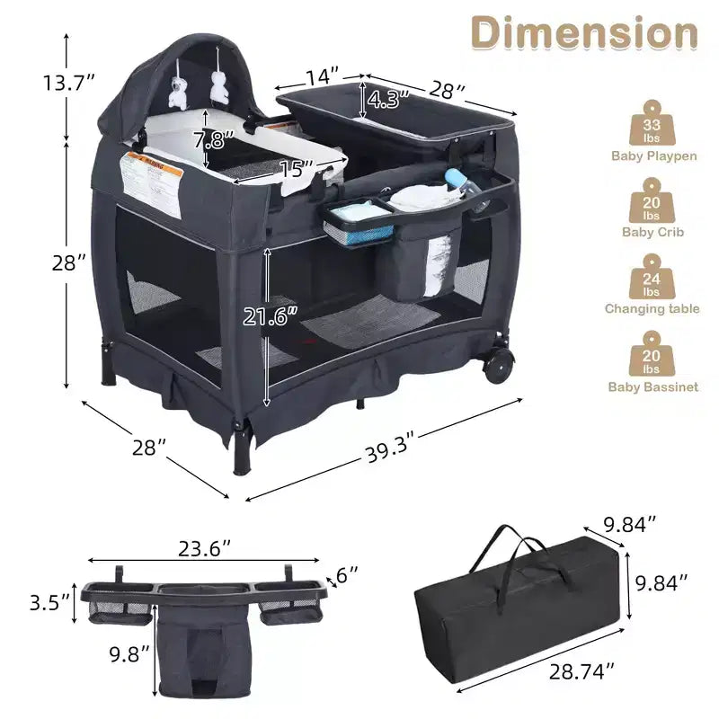 TODECARE Culla Neonato 4 in 1, Lettino da Viaggio, Lettino Co-Sleeping Trasformabile, Fasciatoio, Culla Portatile Pieghevole con Materasso e Zanzariera