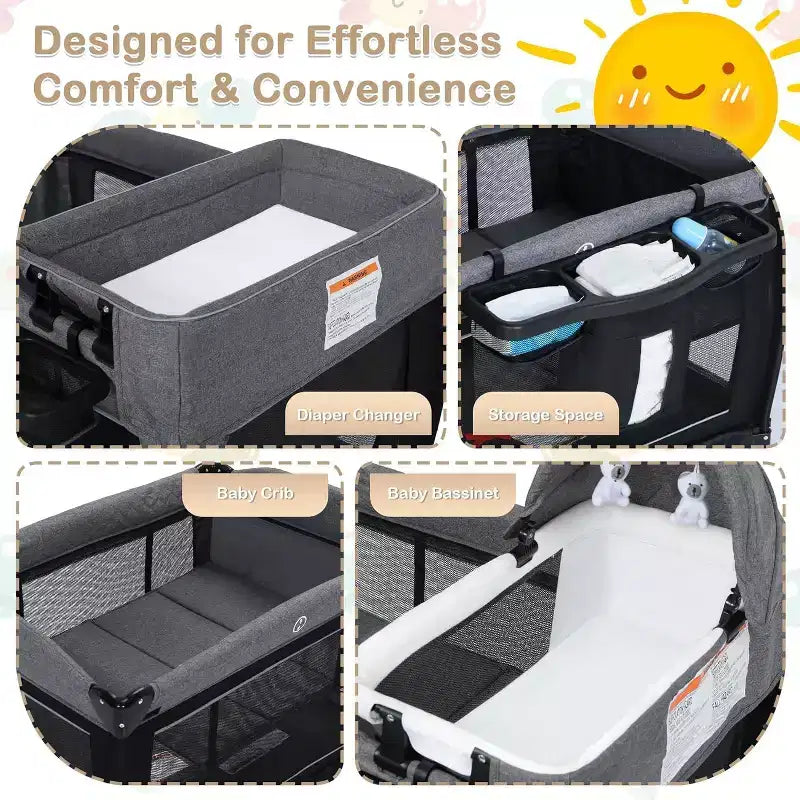 TODECARE Culla Neonato 4 in 1, Lettino da Viaggio, Lettino Co-Sleeping Trasformabile, Fasciatoio, Culla Portatile Pieghevole con Materasso e Zanzariera