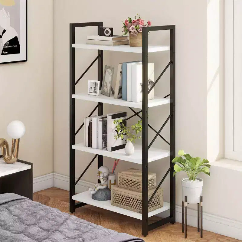 Libreria angolare a 4 ripiani, in legno, scaffale portaoggetti, espositore per casa e soggiorno