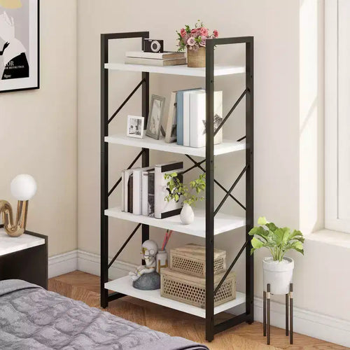 Libreria angolare a 4 ripiani, in legno, scaffale portaoggetti, espositore per casa e soggiorno