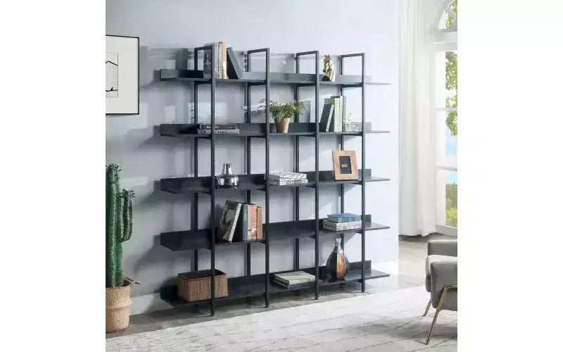 TUYOHW Libreria Vintage a 5 Ripiani, Libreria Aperta di Grande Capacità con Dispositivo Antirovesciamento, Libreria con Struttura in Metallo per Soggiorno, Ufficio