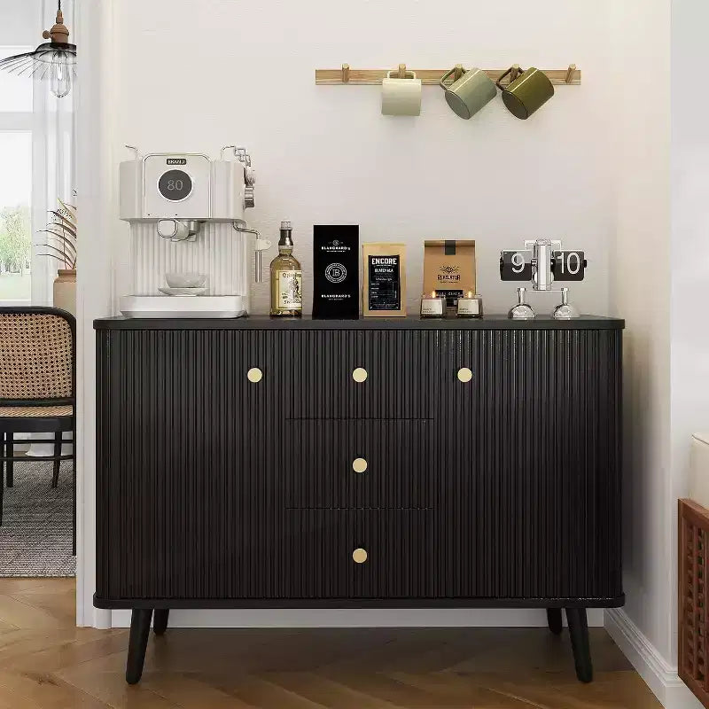 Acekool Black 47in Modern Sideboard Buffet Cabinet, Fluted Storage Cabinet with Drawers & Adjustable Shelves for Dining Room