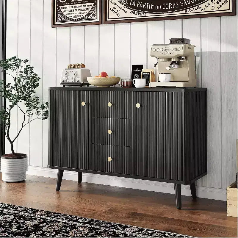 Acekool Nero Credenza Moderna 47 pollici, Mobile Contenitore Scanalato con Cassetti e Ripiani Regolabili per Sala da Pranzo