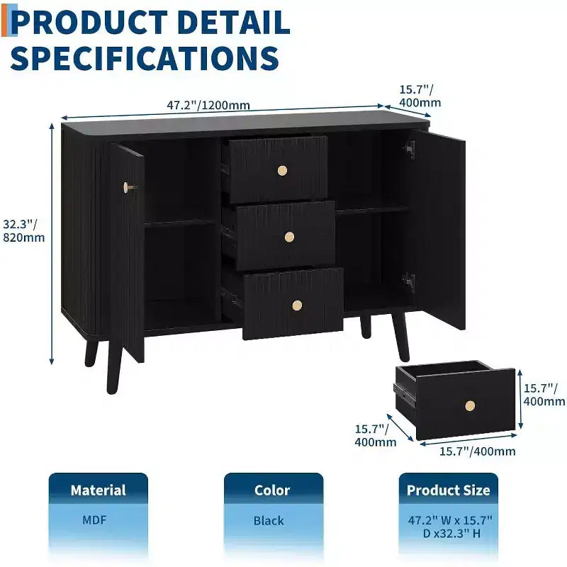 Acekool Nero Credenza Moderna 47 pollici, Mobile Contenitore Scanalato con Cassetti e Ripiani Regolabili per Sala da Pranzo