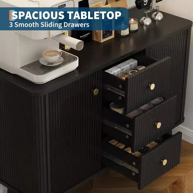 Acekool Nero Credenza Moderna 47 pollici, Mobile Contenitore Scanalato con Cassetti e Ripiani Regolabili per Sala da Pranzo