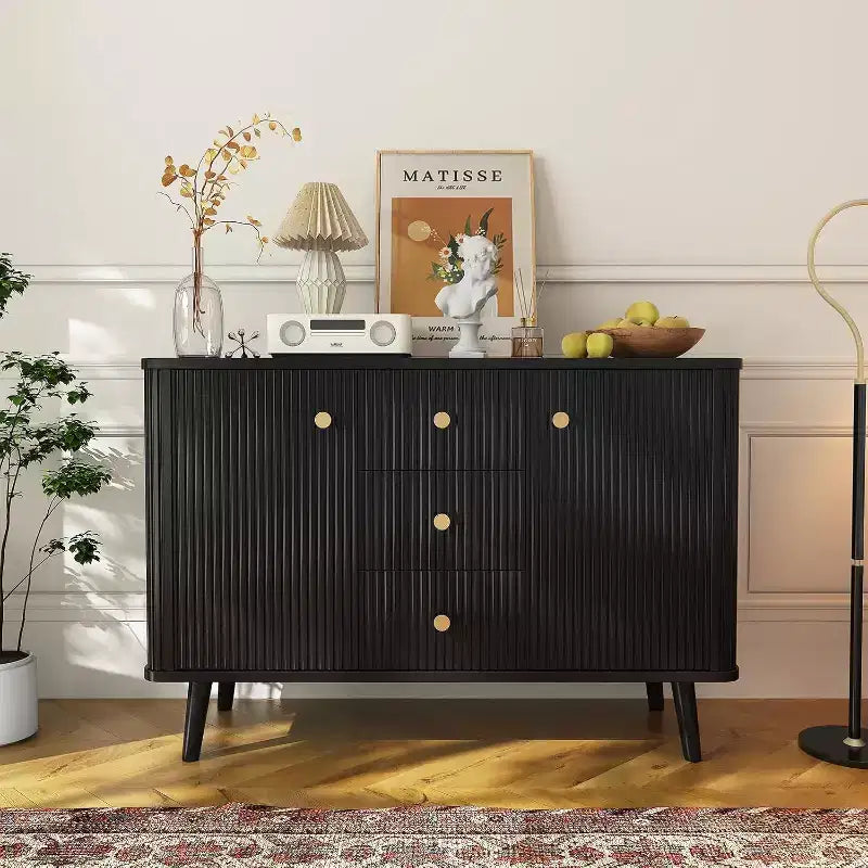 Acekool Nero Credenza Moderna 47 pollici, Mobile Contenitore Scanalato con Cassetti e Ripiani Regolabili per Sala da Pranzo