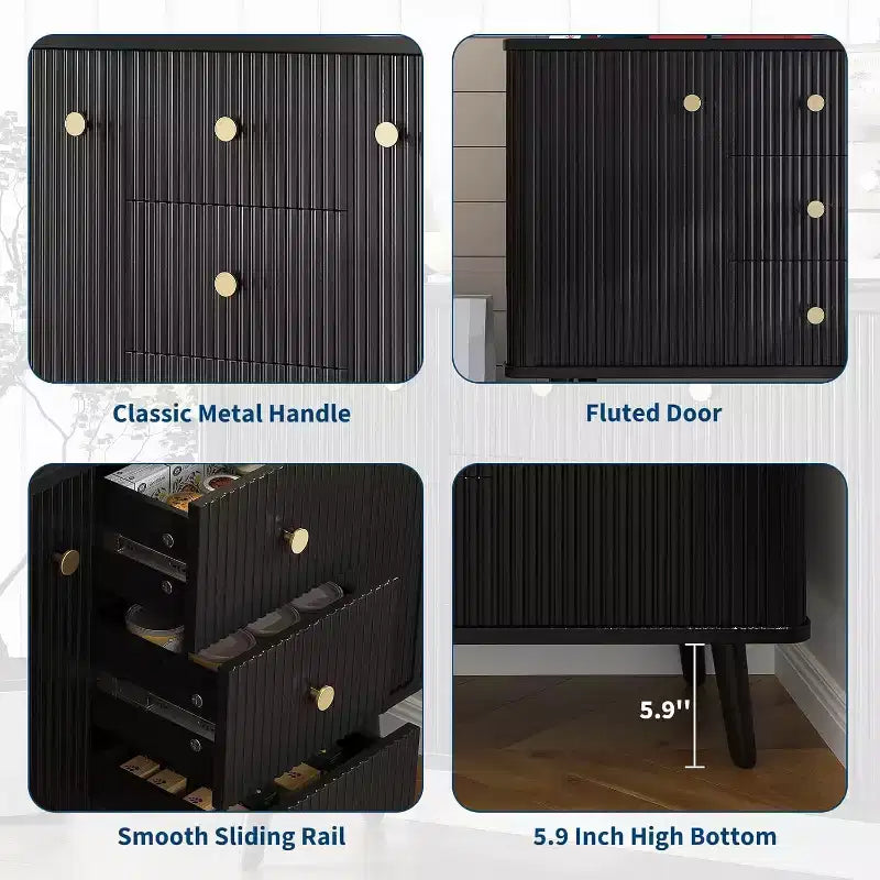 Acekool Nero Credenza Moderna 47 pollici, Mobile Contenitore Scanalato con Cassetti e Ripiani Regolabili per Sala da Pranzo