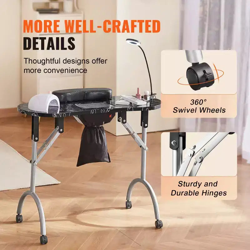 Tavolo Manicure Portatile VEVOR, Tavolo Unghie Pieghevole con Aspirapolvere Elettrico, Scrivania Mobile per Onicotecnica e 4 Ruote, 3 Sacchetti per la Polvere, Nero